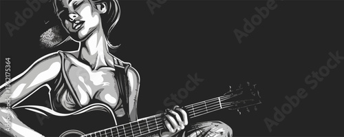 Monochrome illustration of female musician playing acoustic guitar.