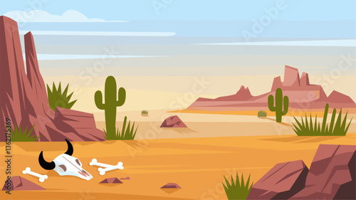 A stark desert scene featuring a cow skull and bones, surrounded by cacti and rocky formations. A serene and arid atmosphere.