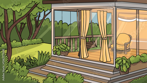 A tranquil outdoor patio featuring a cozy swing, bright curtains, and beautifully landscaped gardens, perfect for relaxation.