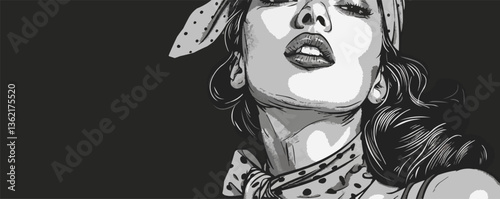 Retro pin-up style artwork of young caucasian female with bandana and polka dot outfit.