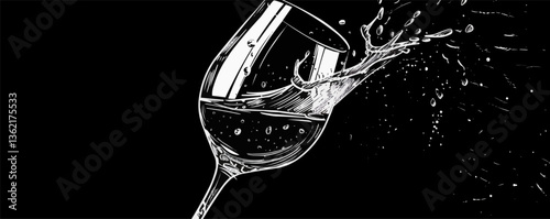 Artistic splash of water in wine glass - monochrome illustration.