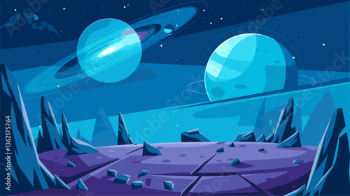 Explore a stunning digital artwork depicting a dreamlike alien landscape with vibrant planets and rocky terrain under a starry sky.