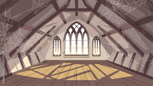 Explore a hauntingly beautiful attic scene featuring aged wood beams, eerie cobwebs, and gothic-style windows illuminated by soft light.