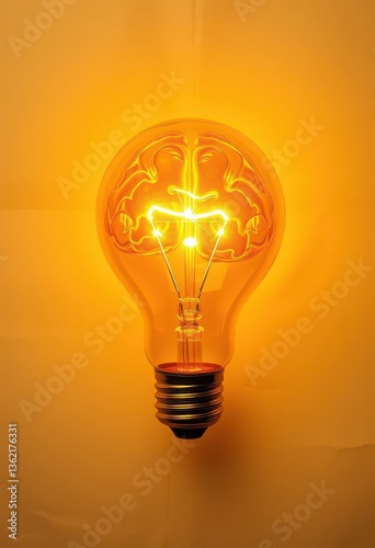 Golden brain glowing inside lightbulb, paper texture background, potential, energy
