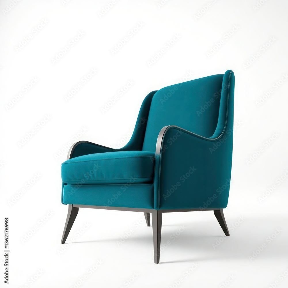 Obraz premium Elegant teal armchair with smooth curves and wooden legs, exuding a modern and stylish vibe in a minimalist setting.