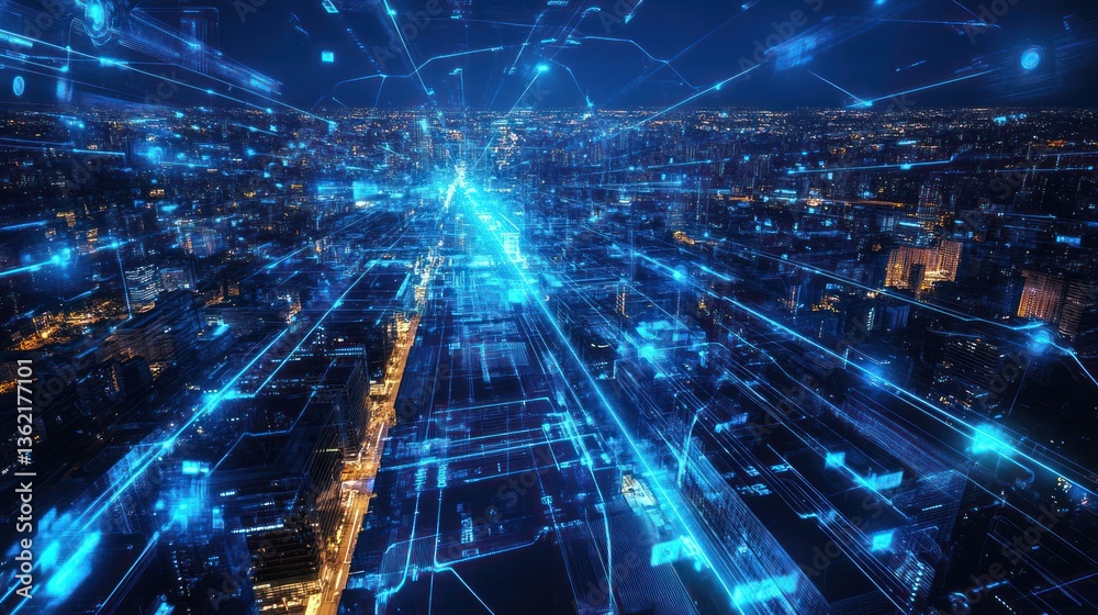 Obraz premium Cityscape at night with digital network overlay. Possible use Stock photo for technology, innovation, or future concepts