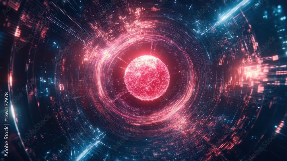 Fototapeta premium A glowing quantum particle in a vacuum chamber, surrounded by holographic data streams.