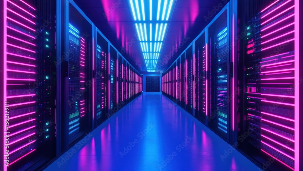 Fototapeta premium Futuristic Server Room with Neon Lights and Reflective Floor