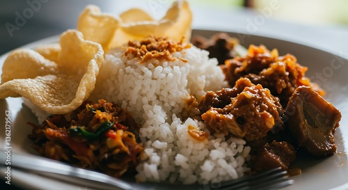 Indonesian Nasi Campur: Aromatic Rice, Savory Stew, & Crispy Crackers photo