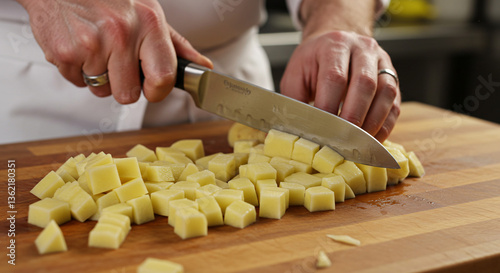 Chef Cubing Raw Potatoes On A Wooden Cutting Board With A Sharp Knife In A Bright Kitchen