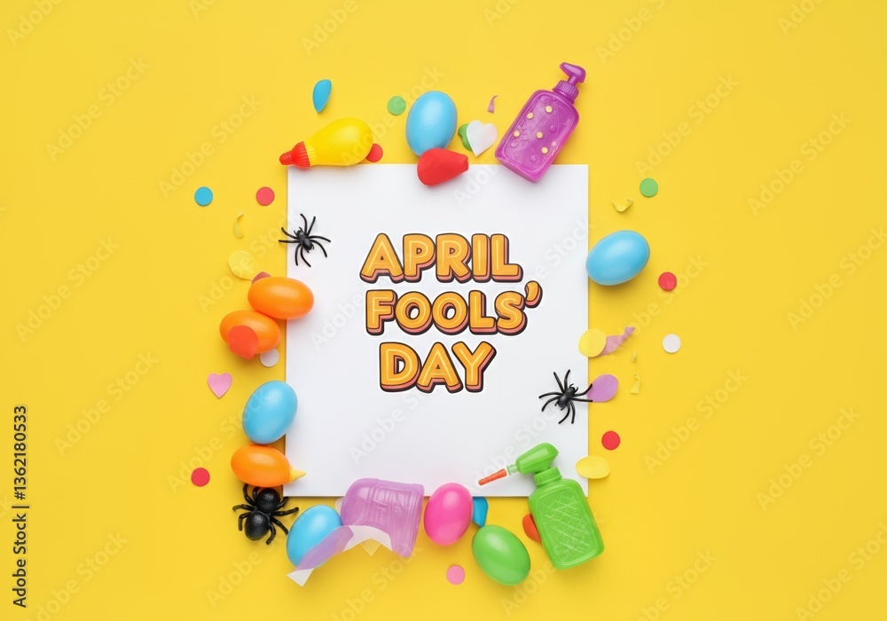 Naklejka premium Colorful April fools' day arrangement with toys and confetti on yellow background