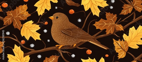 Autumn Bird on Branch with Fall Leaves