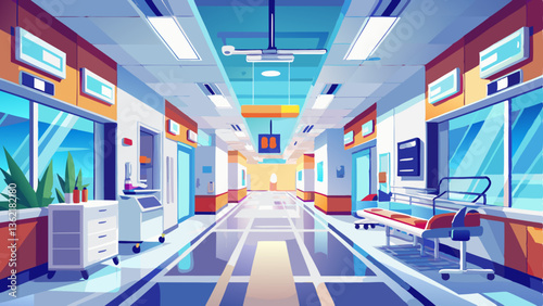 A modern hospital with bright hallways, clean white walls, and advanced medical equipment