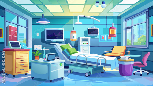 A serene recovery room where patients rest after surgery, with monitors and attentive care