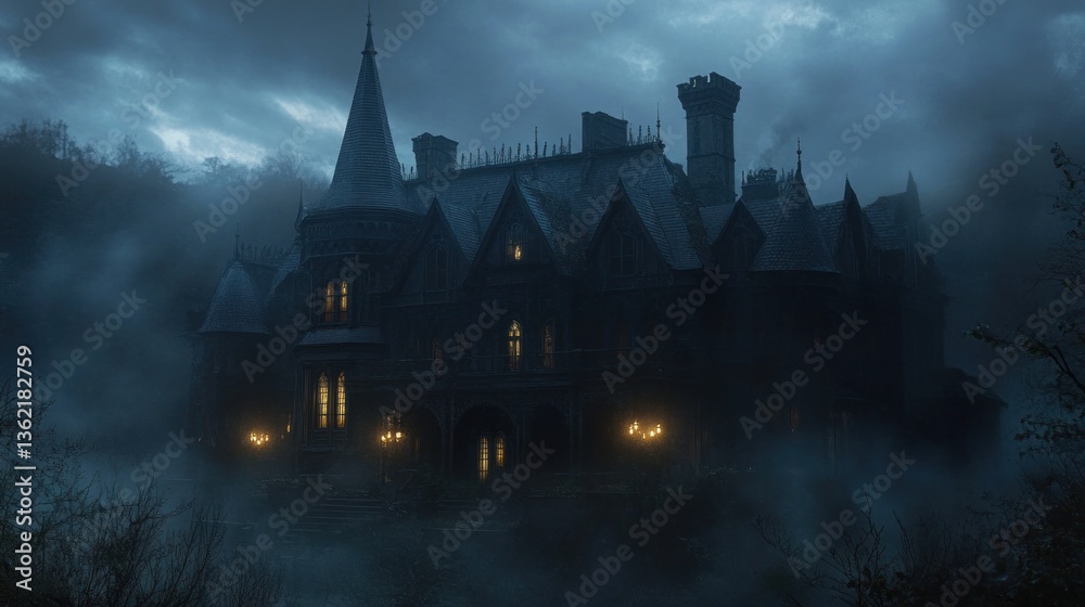 Mysterious Victorian mansion shrouded in fog, illuminated by flickering candlelight Mysterious Victorian mansion shrouded in fog, illuminated by flickering candlelight