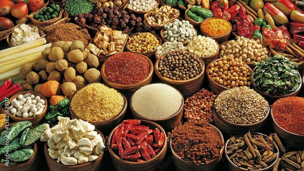 Colorful array of spices and herbs displayed in bowls at a bustling market in an exotic location during the daytime