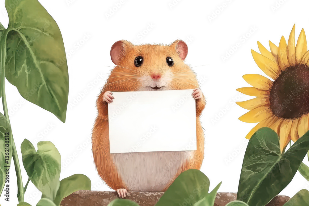 Obraz premium A cute hamster holds a blank sign, surrounded by green leaves and a sunflower, set against a black background.