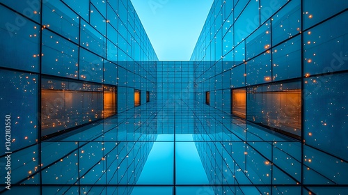 Modern glass building, symmetrical architecture at dusk.