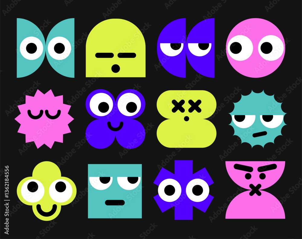 custom made wallpaper toronto digitalBrutalist Naive Playful Simple Shapes with Emotions, Vibrant color, Retro Cyber geometric design. Neon Trendy Y2k Mental stickers. Vectored Flat design for design, scrapbooking. icons, logotypes