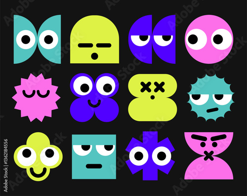 Brutalist Naive Playful Simple Shapes with Emotions, Vibrant color, Retro Cyber geometric design. Neon Trendy Y2k Mental stickers. Vectored Flat design for design, scrapbooking. icons, logotypes