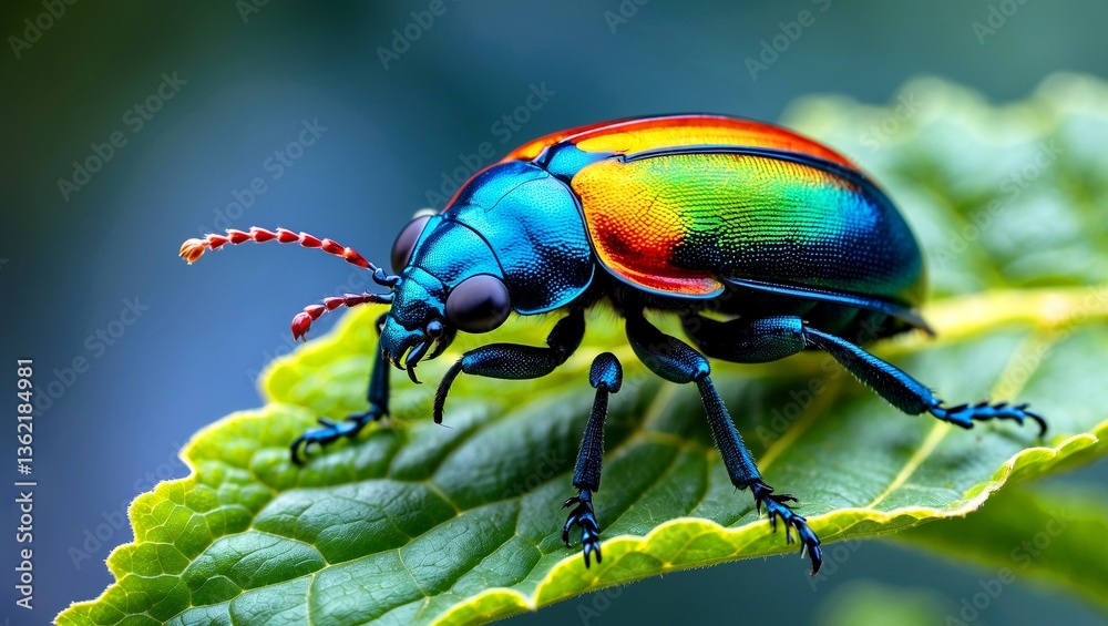 Fototapeta premium Vibrant beetle perched on leaf in nature