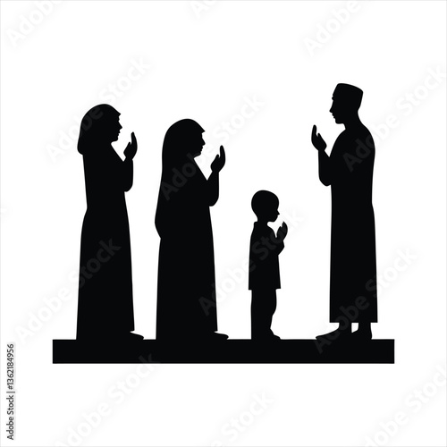 Muslim Family Praying Together Silhouette