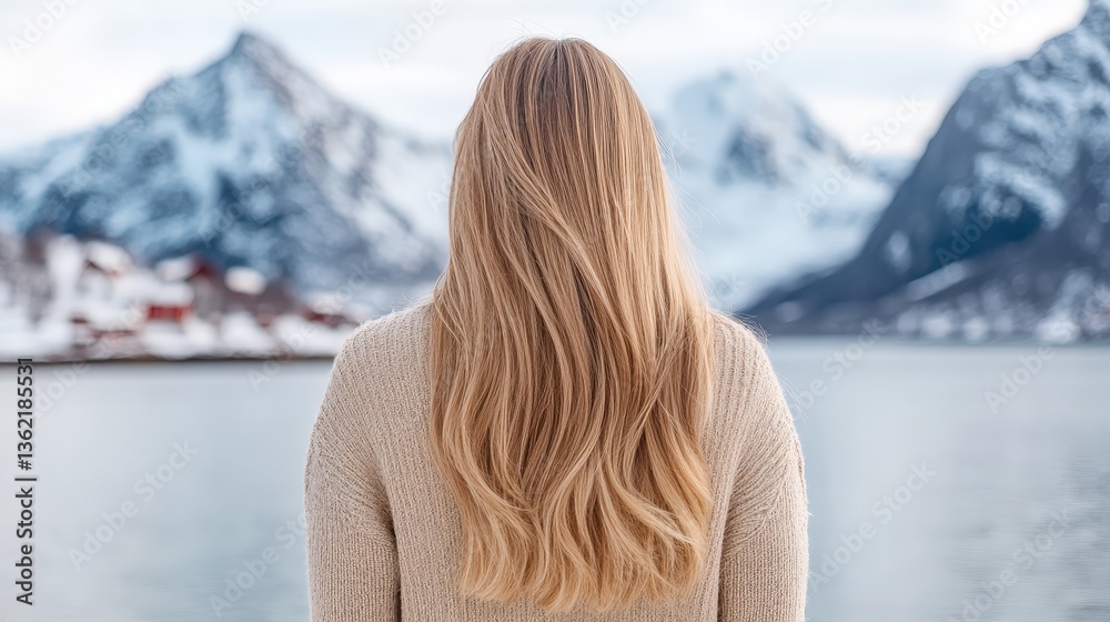 Fototapeta premium A woman with long hair gazes out over a serene lake, surrounded by majestic snow-capped mountains and a clear sky.
