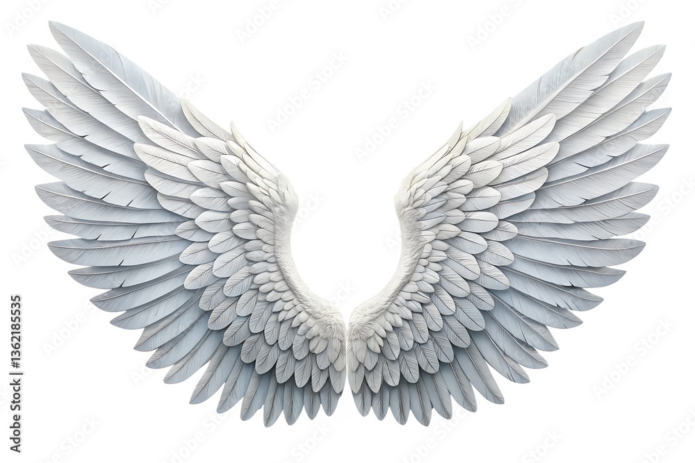Fototapeta premium Majestic white angel wings, a symbol of hope and freedom, soaring against a clean white background, conveying serenity and peace.