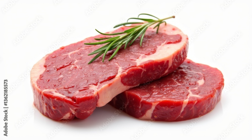 Obraz premium Exquisite Raw Steaks: Two prime cuts of raw steak, artfully presented with a sprig of fresh rosemary, stand as a symbol of culinary excellence. showcasing their rich color and texture.