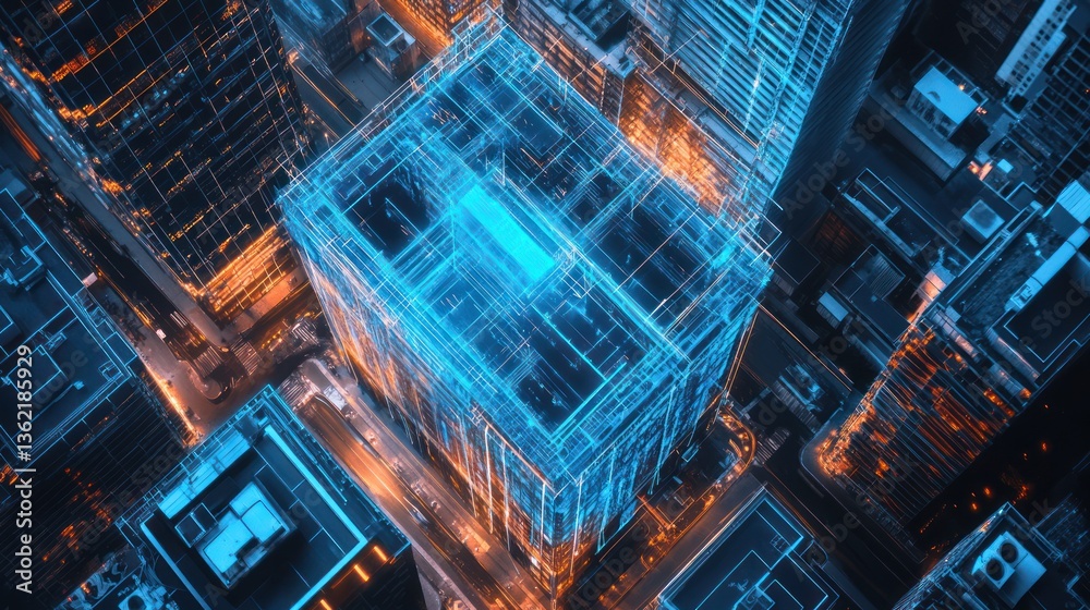 Aerial view of city skyscraper with illuminated streets and transparent architectural structure. Stock photo of urban planning and futuristic city Aerial view of city skyscraper with illuminated streets and transparent architectural structure. Stock photo of urban planning and futuristic city