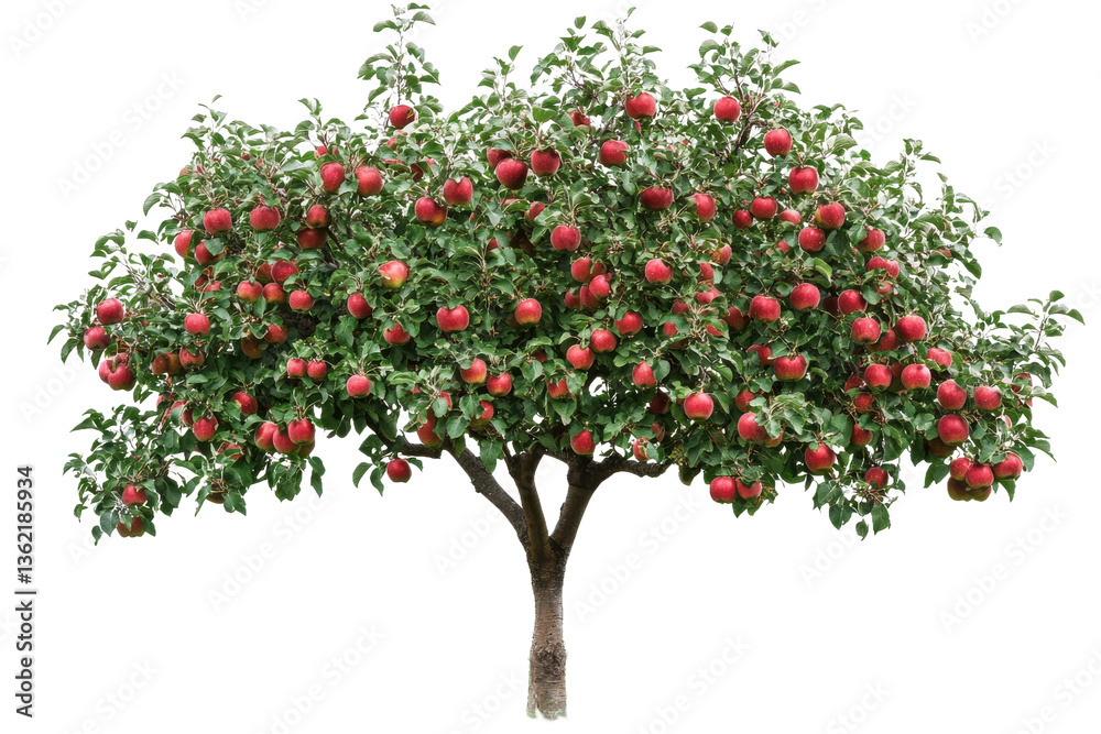 A vibrant apple tree laden with ripe red apples standing against a neutral gray background in sharp focus A vibrant apple tree laden with ripe red apples standing against a neutral gray background in sharp focus