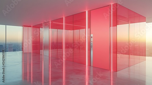 Modern glass elevator in red-lit contemporary office.