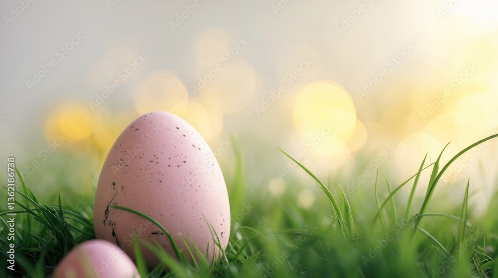 Fototapeta premium A decorated festive Easter egg resting in lush green grass, illuminated by soft, golden sunlight with a dreamy bokeh effect 