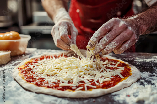 Aerial View of Chef Topping Pizza Dough with Cheese and Tomato Sauce in Modern Restaurant