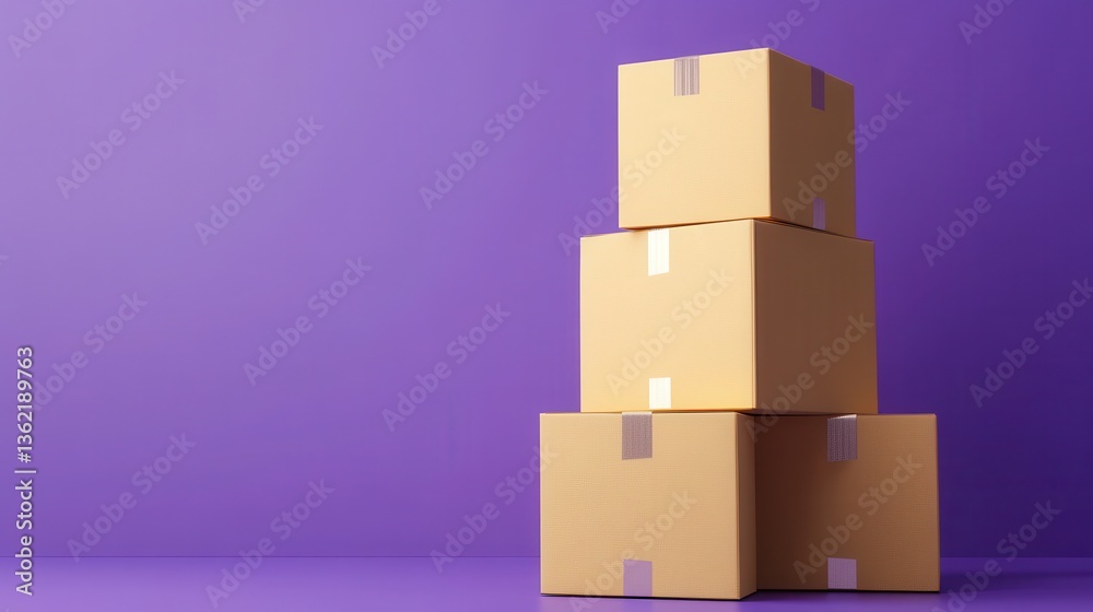 Obraz premium 3D Cardboard box package transport order icon .3D Minimal stack parcel box icon on isolated purple background. Logistics shipment and Online delivery service Concept. 3d render.