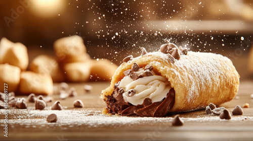 chocolate cannoli filled with chocolate cream or custard cream. AI generative.