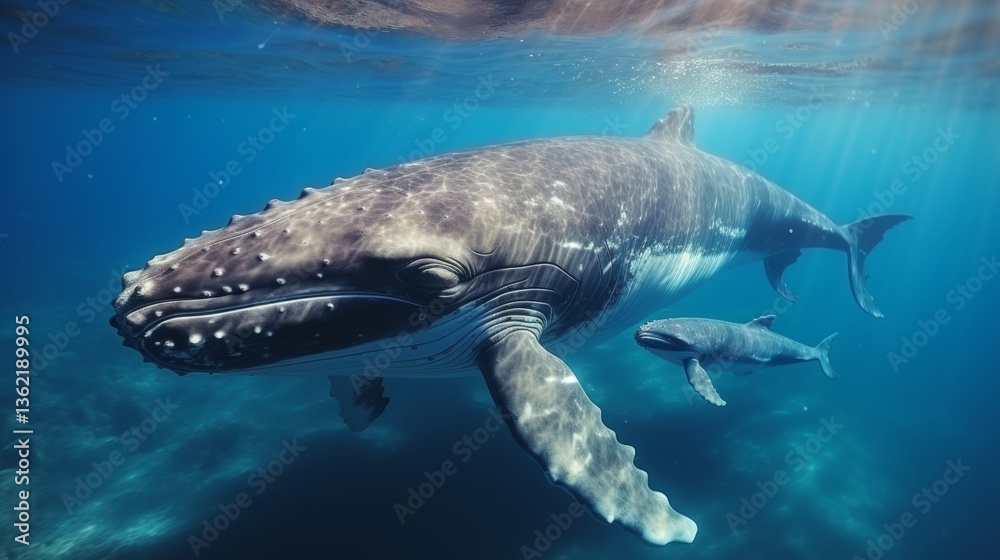 Fototapeta premium Aerial view of humpback whales diving in the blue water ocean.