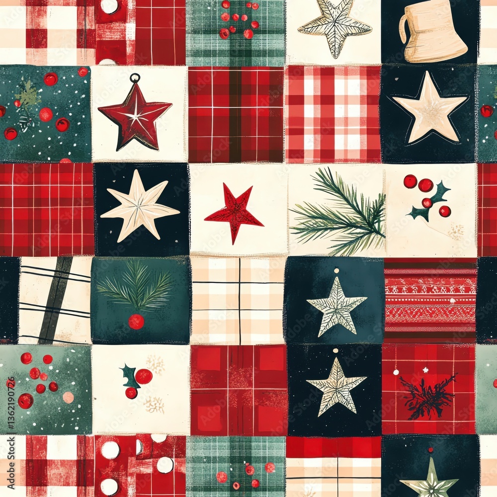 Fototapeta premium Seamless Pattern Prompts for Patchwork Quilt-Inspired Designs. Seamless Pattern Prompts for Patchwork Quilt-Inspired Designs. Festive patchwork quilt with Christmas motifs.