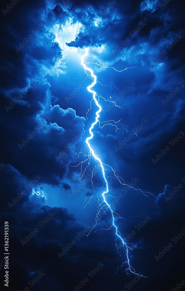 Fototapeta premium Intense Lightning Strike Through Dark Blue Clouds at Night