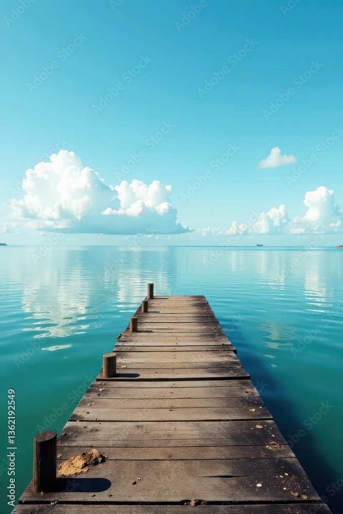 Fototapeta premium Weather-beaten dock extending over calm water, sitting, grey, edge