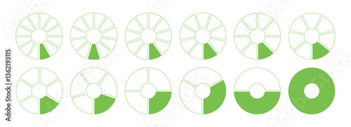 Donut charts, pies segmented on from 1 to 12 equal parts. Diagrams infographic. Circle section minimal graph. Green wheels divided in sections. Pizza chart round icons mockup. Coaching blank template.