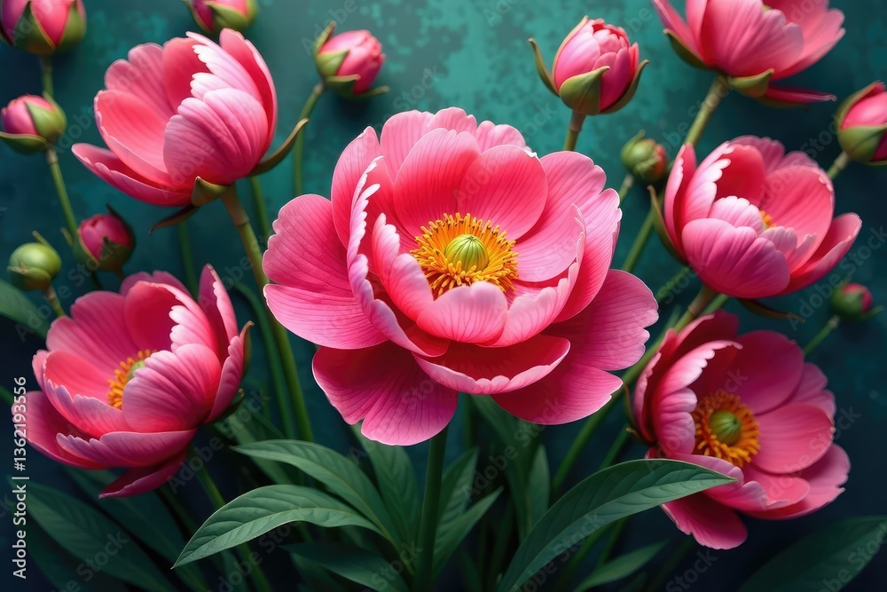 Fototapeta premium Bold blooming peony & poppy repeat, vibrant hues, repeating, graphics, pattern