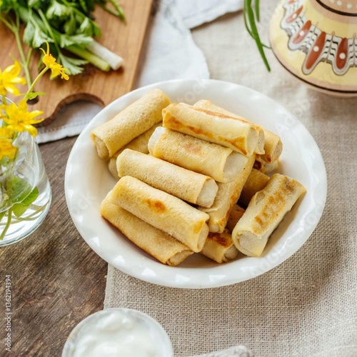 Pancakes with meat, pancakes with meat, blinis on a wooden background. Ukrainian cuisine. Pancakes with sour cream.