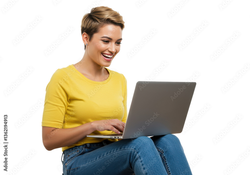 Naklejka premium Happy woman shopping online isolated on White background