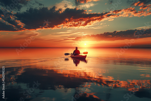 Fototapeta Naklejka Na Ścianę i Meble -  Serene Sunset Kayaking on a Tranquil Lake in Northwest Ontario, Canada