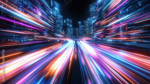 Futuristic cityscape with vibrant neon light trails depicting dynamic urban movement and technological advancement in a modern fast paced metropolitan environment