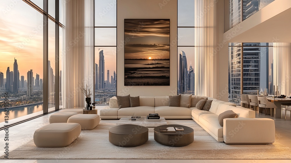 Dubai Cityscape View from Modern Apartment Living Room