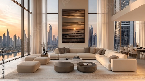 Obraz na płótnie Dubai Cityscape View from Modern Apartment Living Room w salonie