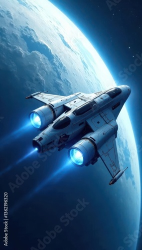 Wallpaper Mural Futuristic spaceship with glowing blue engines orbiting a white planet in space, cosmos, ship Torontodigital.ca