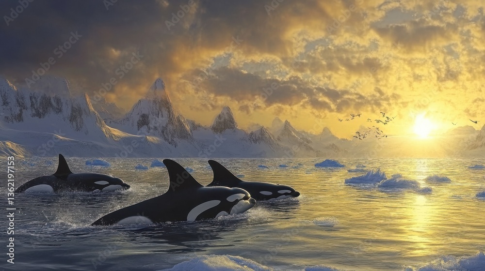 Fototapeta premium An orca pod hunting together in icy Arctic waters
